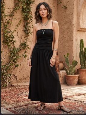 NWT Old Navy Fit & Flare Black Drop Waist Maxi Tube Dress Women's Medium Petite